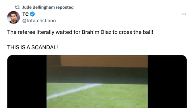 A screenshot of a tweet reposted by Jude Bellingham following Real Madrid's 2-2 draw at Valencia in March 2024